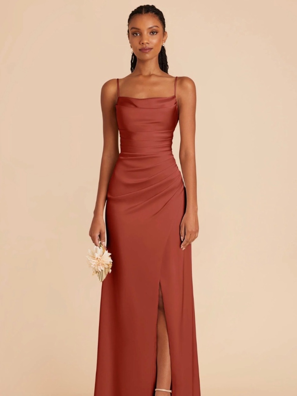 Birdy Grey Lydia Matte Satin Dress Auburn Orange Satin Cowl Neck Maxi Bridesmaid